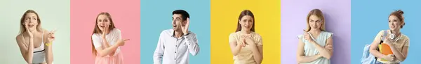 stock image Set of gossiping people on color background