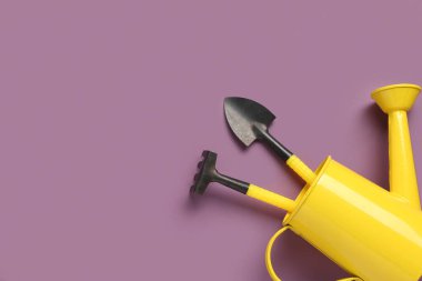 Mor arka planda bahçe tırmığı ve kürekle teneke sulama.