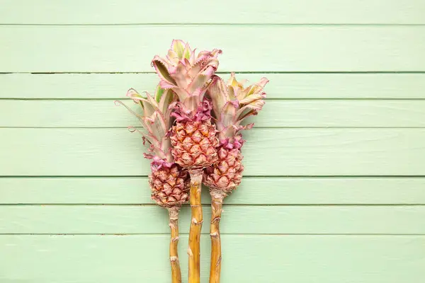 stock image Decorative pineapples on green wooden background