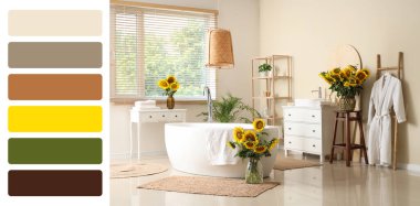 Banyo içinde vazolarda ayçiçekleri var. Farklı renk desenleri