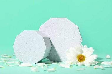 Turkuaz arka planda dekoratif alçı podyumlar ve papatya çiçeği