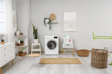 Modern çamaşır makinesi, ev bitkisi ve deterjan şişeleriyle çamaşırhanenin içi.