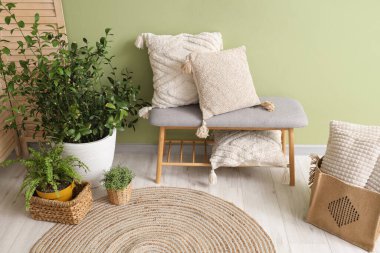 Yeşil duvarın yanında şık bir bank, ev bitkileri, halı ve yastıklar.