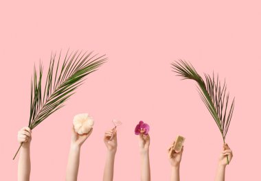 Palmiye yaprakları, çiçek, sabun, banyo süngeri ve pembe arka planda yüz masajı aleti olan kadın elleri.