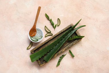 Bir kase aloe vera jeli ve bej arka planda yaprakları olan ahşap tahta.