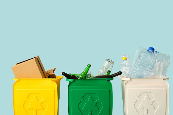 Containers with different types of garbage on light blue background. Recycling concept