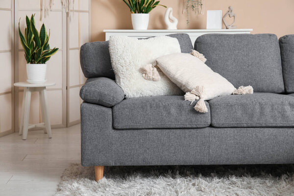 Cozy sofa with cushions in interior of living room