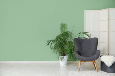 Koltuk, saksı, pouf ve katlanan ekran yeşil duvarın yanında.