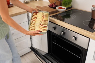 Genç bir kadın elmalı turtayla pişirme kabını mutfaktaki elektrikli fırına koyar.