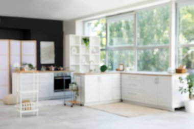 Tezgahlar, bitkiler ve katlanan ekran ile aydınlık mutfağın bulanık görüntüsü