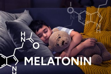 Cute little boy with teddy bear sleeping on sofa in living room. Melatonin concept clipart