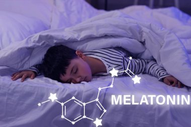 Cute little boy sleeping in bedroom at night. Melatonin concept clipart