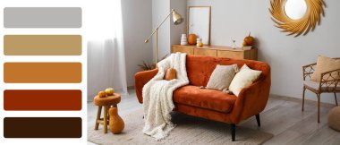 Balkabağı ve kanepeyle oturma odasının içinde. Farklı renk desenleri