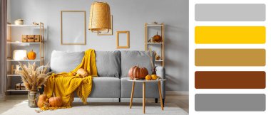 Gri kanepe, masa ve balkabaklarıyla dolu bir sonbahar salonu. Farklı renk desenleri