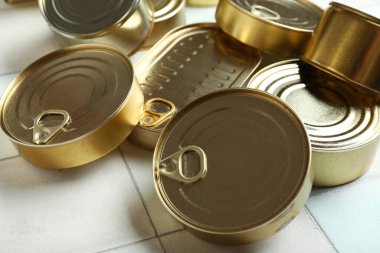 Farklı teneke kutular ve fayanslı balıklar.