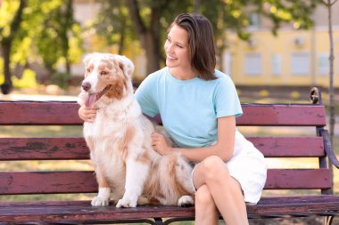 Parkta bankta oturan sevimli Avustralya çoban köpeği olan güzel genç bir kadın.