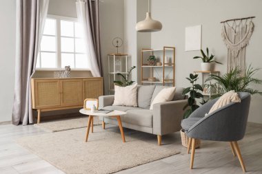 Oturma odasının içinde kanepe, koltuk ve penceresinde perdeler var.