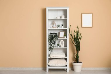 Resim çerçeveli şık bir oda, raf ünitesi ve bej duvarın yanındaki ev bitkileri.