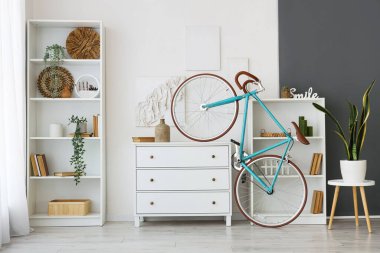 Çekmeceleri, raf üniteleri, bisikleti ve saksısı olan ışık odasının içinde.