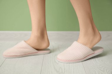 Yumuşak terlik giymiş bir kadının bacakları yeşil arka planda.