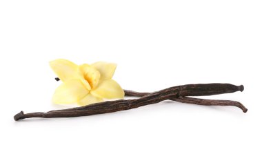 Güzel sarı vanilya çiçeği ve beyaz arka planda çubuklar.