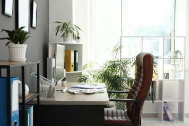 Çalışma yeri, koltuk, modern bilgisayar, ev bitkisi ve raflama ünitesi siyah duvarın yanında.