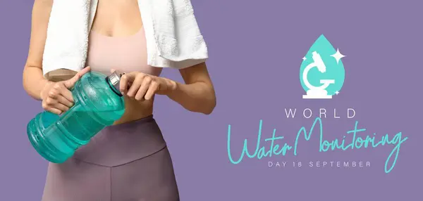 stock image Young sporty woman with bottle of water on lilac background. Banner for World Water Monitoring Day