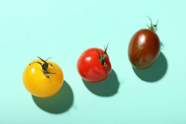 Mavi arka planda farklı taze domatesler