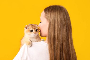 Sarı arka planda sevimli kedi yavrusu olan genç bir kadın.