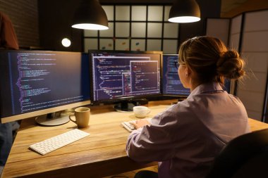 Gece ofiste bilgisayarla çalışan kadın programcı, arka plan görünümü