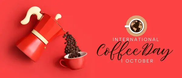 stock image Geyser coffee maker, cup and beans on red background. Banner for International Coffee Day