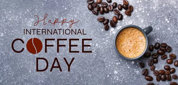 stock image Cup of hot espresso and beans on grey background. Banner for International Coffee Day