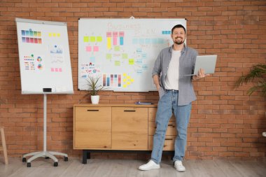 Bilgisayarlı genç adam ofiste beyaz tahtanın yanında iş planı üzerinde çalışıyor.