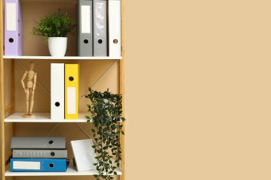 Belge klasörlü raf ünitesi, tahta manken ve bej duvarın yanındaki bitkiler
