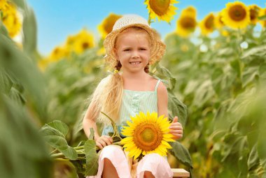 Ayçiçeğiyle tarlada oturan tatlı küçük kız.