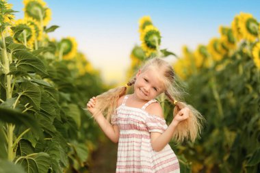 Cute little girl in sunflower field