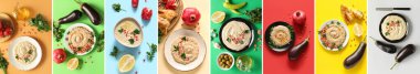 Renkli arka planda lezzetli baba ghanoush tabakları kolajı, üst görünüm