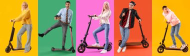 Renkli arka planda elektrikli scooterları olan insanların kolajı