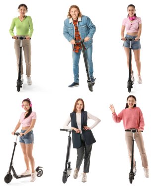 Beyaz arka planda elektrikli scooterları olan insanların kolajı