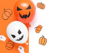 Funny Halloween balloons, paper ghosts and pumpkins on color background with space for text, top view clipart