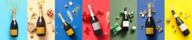 Şampanya ve Noel süslemeleri ile kolaj renk arka planı, üst görünüm