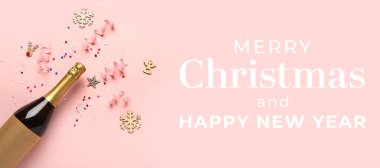 Noel ve Yeni Yıl için şampanya ve süslemelerle pankart