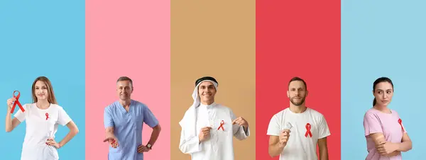 Stock image Set of people with red ribbons on color background. HIV AIDS awareness