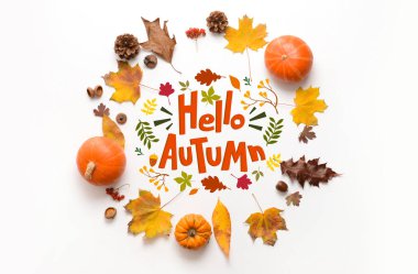 Açık arkaplanda Hello AUTUMN ve çiçek dekoru içeren pankart