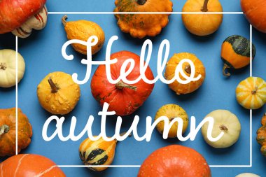 Mavi arkaplanda Hello AUTUMN ve balkabağı yazılı pankart
