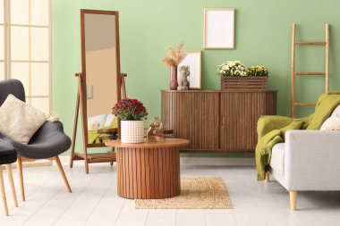 Gri kanepesi ve kahve masasında güzel kasımpatı çiçekleri olan modern oturma odasının içinde.