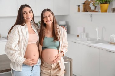 Hamile bayan arkadaşlar mutfakta sarılıyorlar.