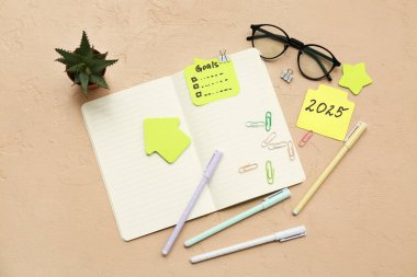Planlar, kâğıtlar ve bej renginde not defteriyle birlikte yapışkan notlar. Yeni yıl hedefleri kavramı