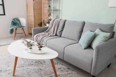 Oturma odasının içinde kanepe, ekose ve sehpa var.