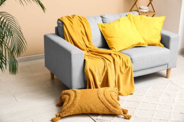 Rahat kanepesi, yastıkları ve sarı ekoseli güzel bir oturma odası.